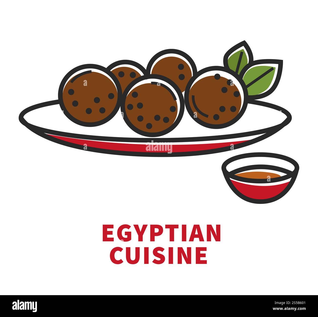 Affiche promotionnelle de cuisine égyptienne traditionnelle avec assiette de boulettes de viande et petit bol de sauce. Délicieuse illustration vectorielle plate de dessin animé isolé de nourriture exotique nationale sur fond blanc.. Affiche promotionnelle de cuisine égyptienne traditionnelle avec assiette de boulettes de viande Illustration de Vecteur
