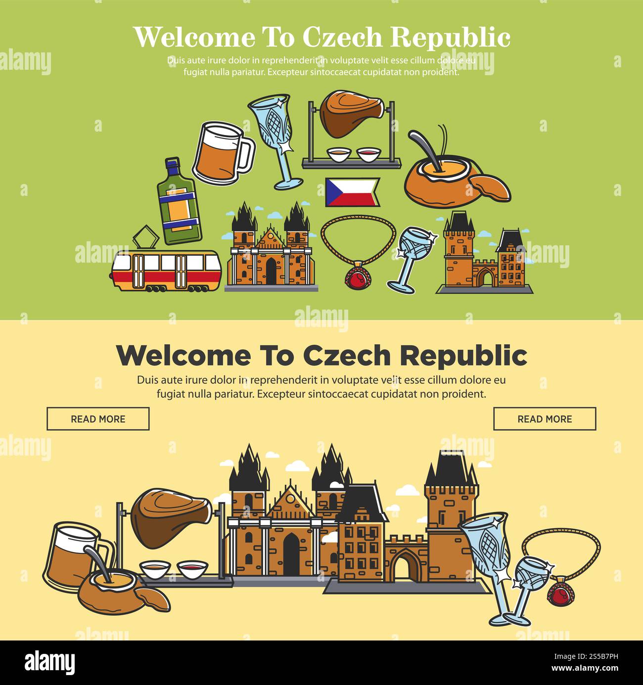 Bienvenue aux bannières de la République tchèque pour le voyage touristique de sites touristiques célèbres. Vecteur drapeau tchèque, cuisine de nourriture et de boisson, château de Prague au pont du Roi Charles et verre de cristal de Bohême. Bienvenue en République tchèque bannières vectorielles de symboles touristiques pour l'agence de tourisme de voyage Illustration de Vecteur