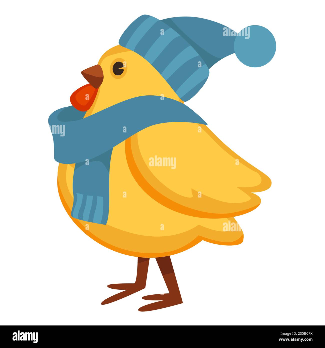 Poulet drôle dans le chapeau tricoté chaud et l'écharpe. Poule chubby avec plumage jaune et accessoires d'hiver. Adorable oiseau domestique ID coiffe isolée illustration vectorielle plate de dessin animé sur fond blanc.. Poulet drôle dans le chapeau tricoté chaud et l'écharpe Illustration de Vecteur