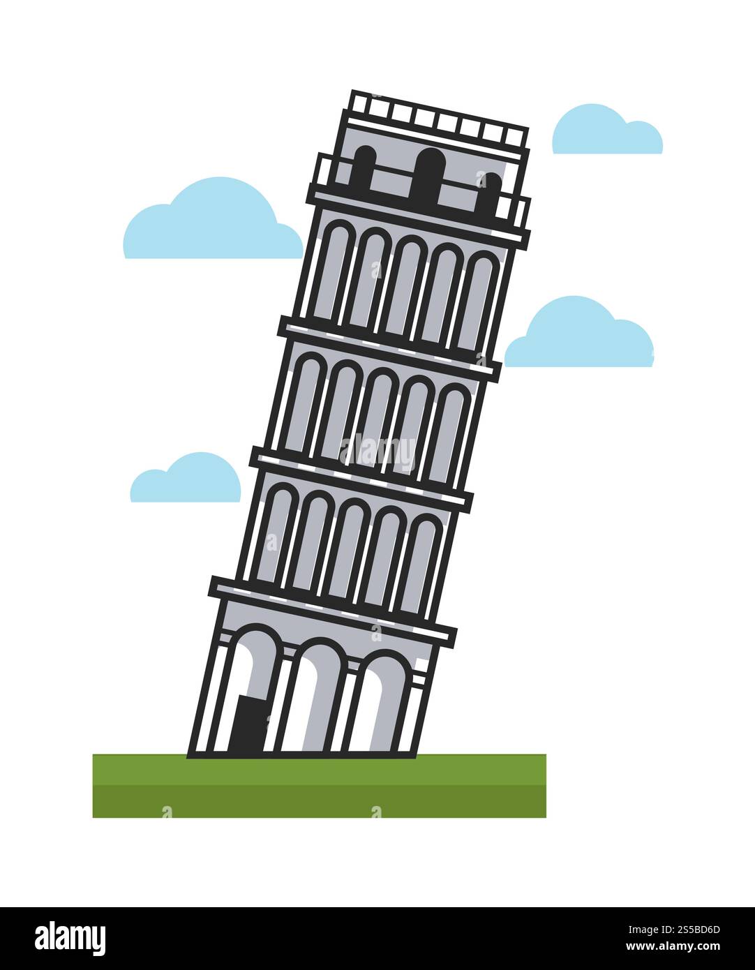 Célèbre tour inclinée de Pise comme attraction principale de l'Italie. Énorme tour qui tombe. Bâtiment historique sur la pelouse verte sous les nuages bleus isolé illustration vectorielle plate de dessin animé sur fond blanc.. Célèbre tour inclinée de Pise comme attraction principale de l'Italie Illustration de Vecteur
