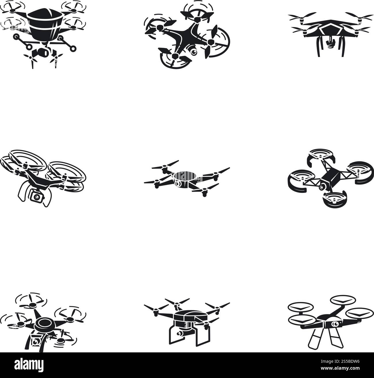 Jeu d'icônes de drone. Ensemble simple de 9 icônes vectorielles de drone pour la conception Web isolé sur fond blanc. Jeu d'icônes de drone, style simple Illustration de Vecteur