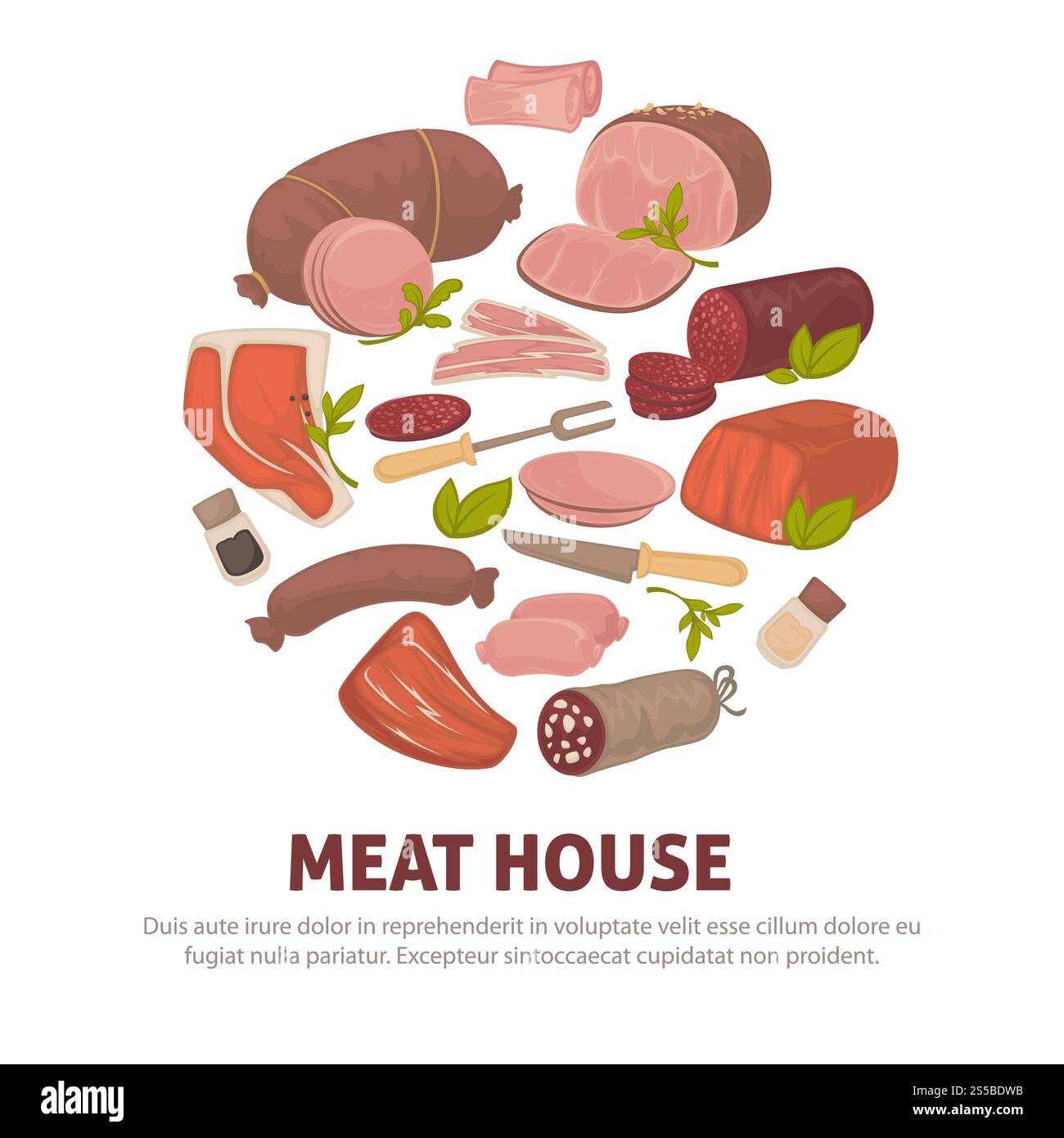 Affiche des produits de viande de ferme de saucisses et charcuterie de boucherie pour magasin ou marché. Salami vecteur ou poitrine et cervelat, pepperoni ou saucisse de foie, filet de porc ou steak de bœuf et bacon de jambon. Affiche de maison de viande des icônes de charcuterie de vecteur de viande et de saucisses Illustration de Vecteur