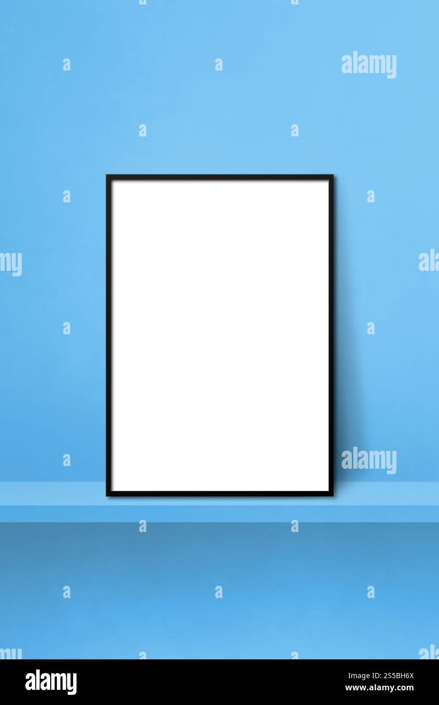 Cadre photo noir appuyé sur une étagère bleue. illustration 3d. Modèle de maquette vierge. Arrière-plan vertical. Cadre photo noir appuyé sur un bleu Banque D'Images