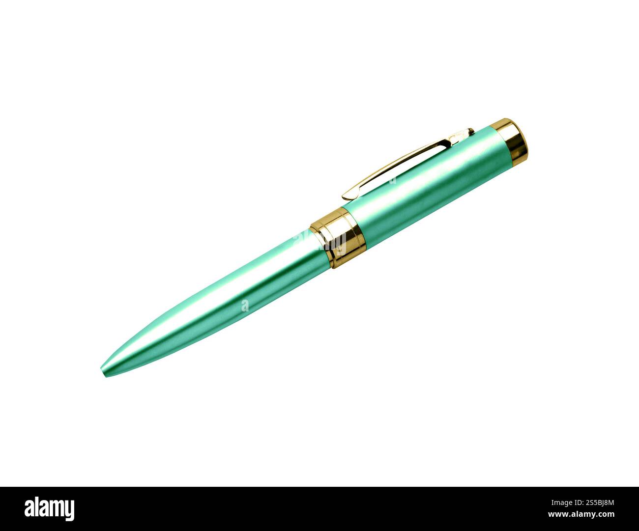 Stylo en métal vert isolé sur fond blanc. Stylo en métal vert isolé sur blanc Banque D'Images