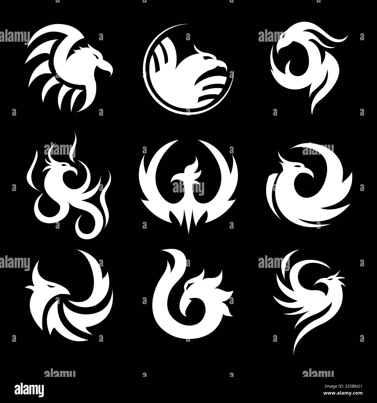 Phoenix Swirly silhouettes petits échantillons de tatouage monochrome ensemble. Oiseau mystérieux mythique comme collection de modèles d'art corporel. Fée immortelle créature noir et blanc dessin animé illustrations vectorielles plates.. Phoenix Swirly silhouettes petits échantillons de tatouage monochrome ensemble Illustration de Vecteur