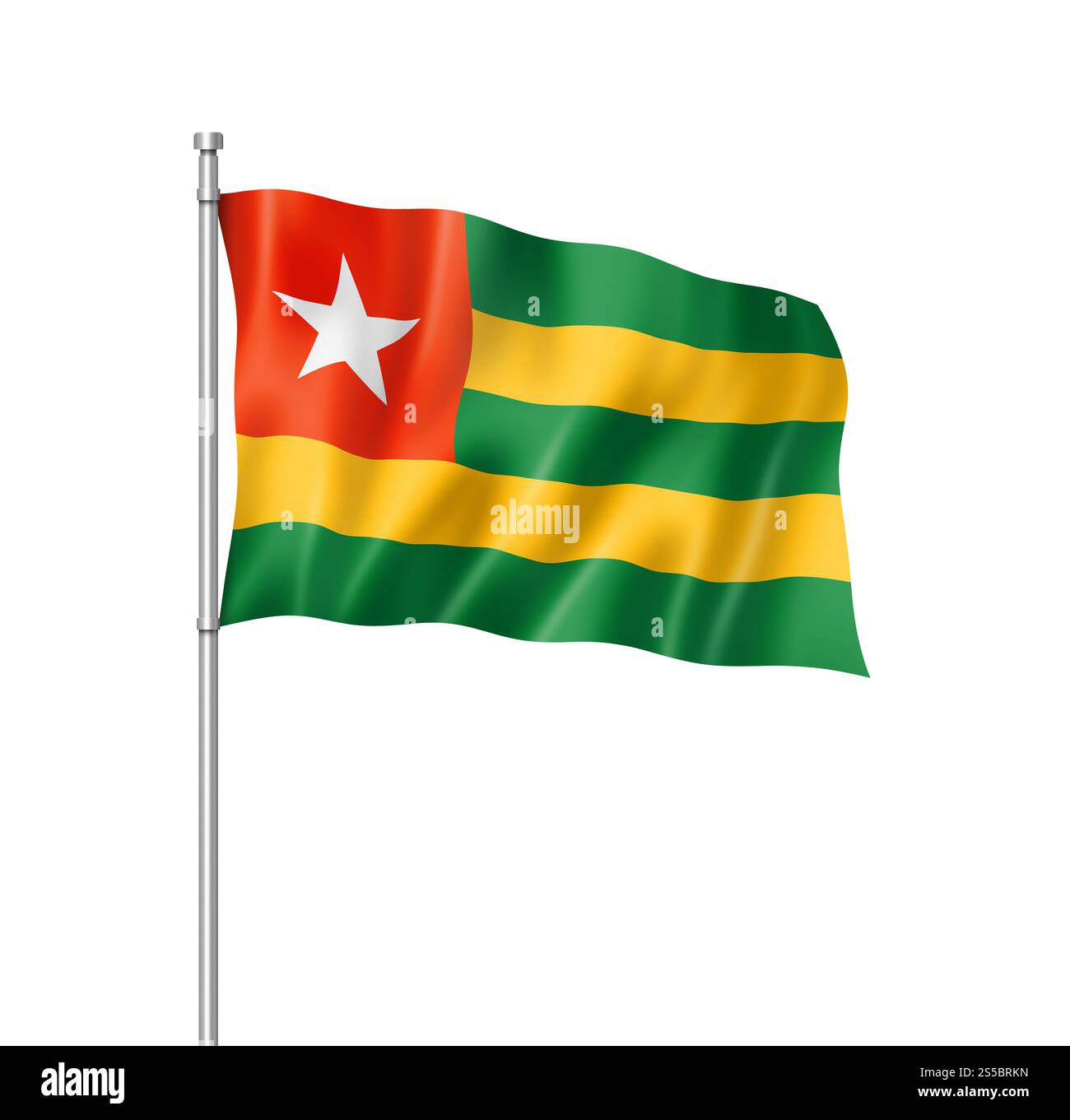 Drapeau Togo, rendu tridimensionnel, isolé sur blanc. Drapeau du Togo isolé sur blanc Banque D'Images