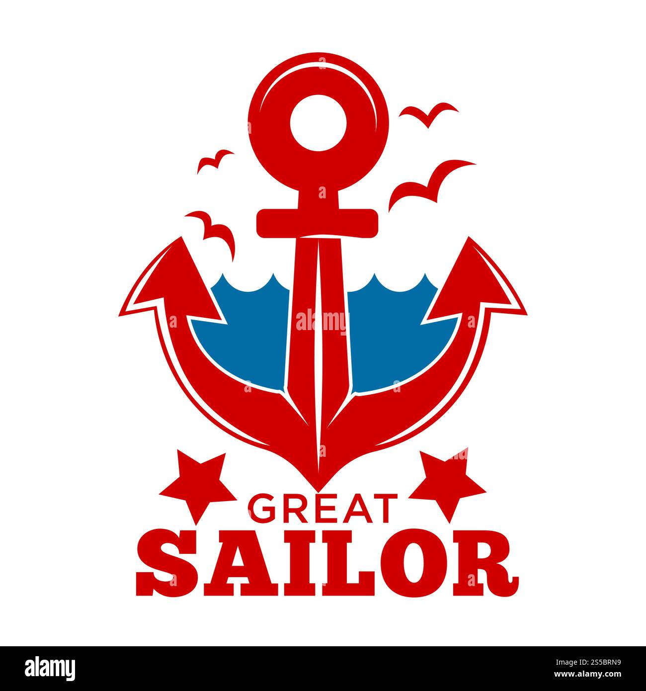 Grand emblème promo marin avec énorme ancre avec des silhouettes d'eau de mer et de goélands dans les couleurs rouge et bleu. Symboles marins sur logotype illustration vectorielle plate de dessin animé isolé sur fond blanc.. Grand emblème promo marin avec une énorme ancre et des mouettes Illustration de Vecteur