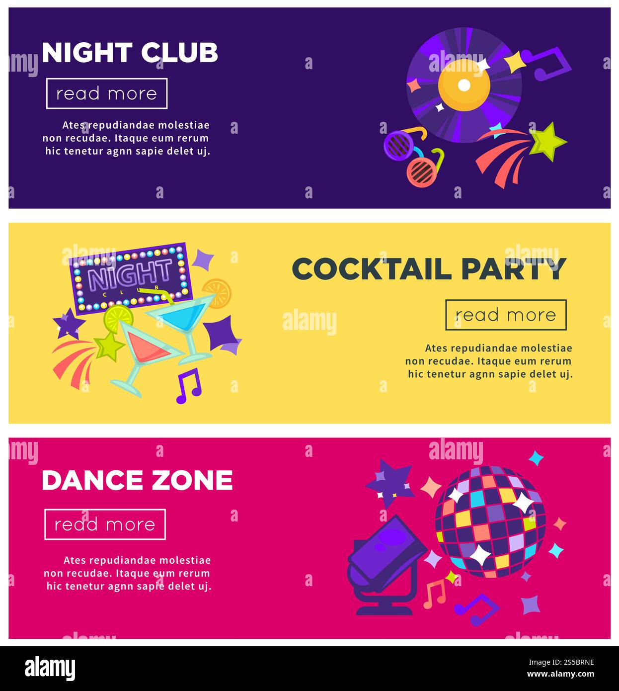 Bannières Web de zone de danse et de fête de nuit ou de cocktail. Conception de luxe de glamour de vecteur de boule disco, lunettes de mode et feux d'artifice de fête ou projecteur de néon dans les étoiles. Bannières web vectorielles de soirée de boîte de nuit Illustration de Vecteur