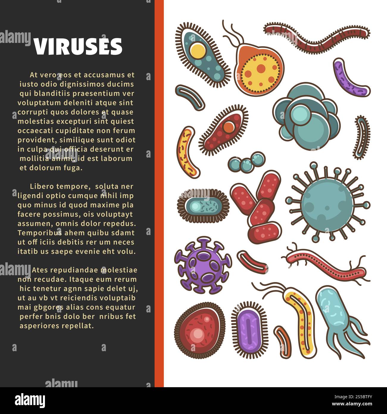 Virus affiche d'information médicale pour la science virale et bactériologique des soins de santé et la conception de la prévention des maladies. Virus vectoriels, bactéries et microbes pour infographies de microbiologie. Affiche vectorielle d'informations médicales sur les virus Illustration de Vecteur