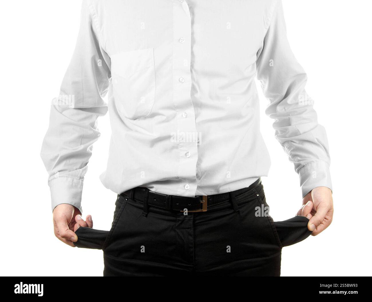 Homme d'affaires montrant sa poche vide isolé sur fond blanc. Homme d'affaires montrant sa poche vide Banque D'Images