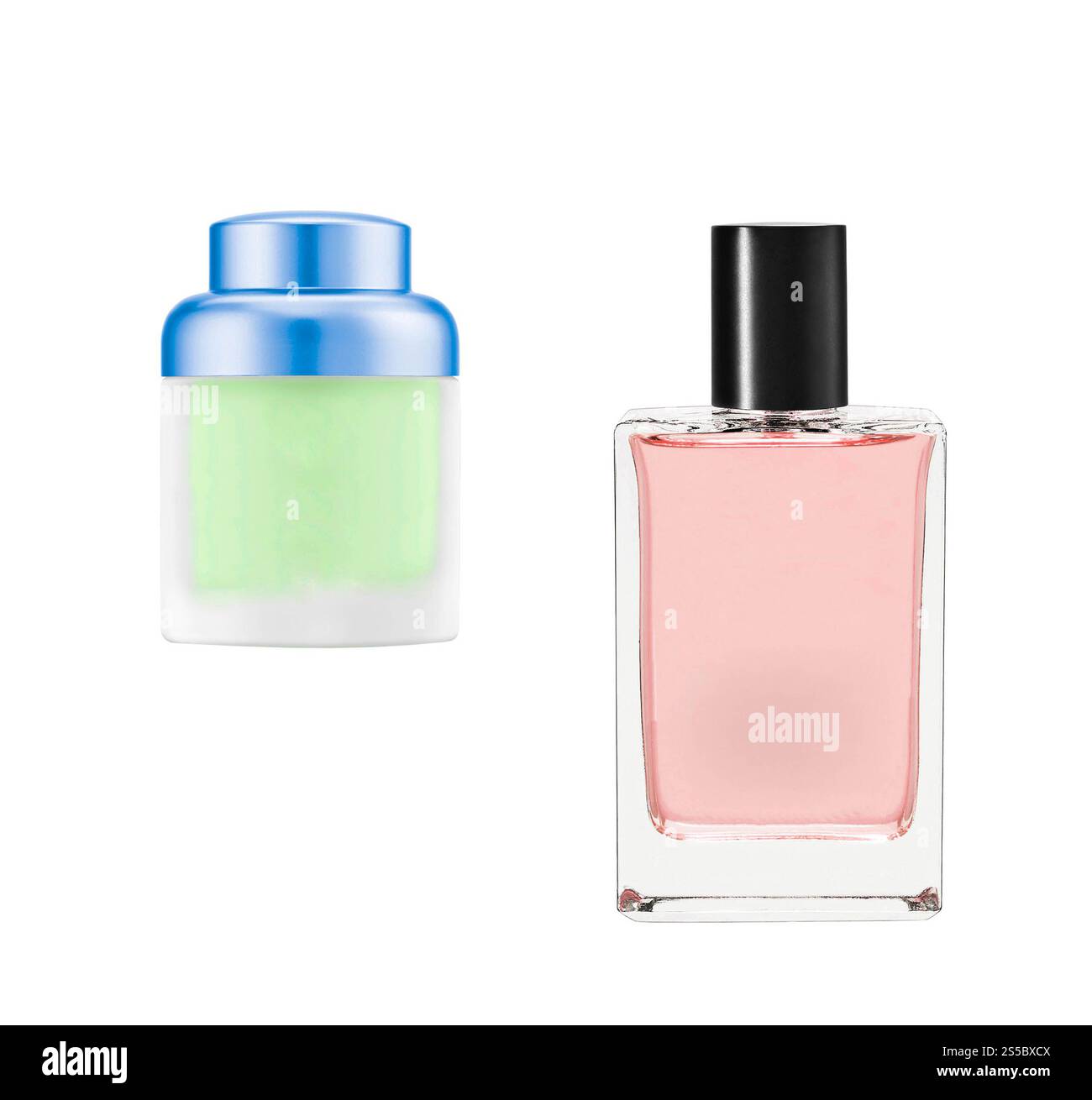 Bouteilles de parfum isolées sur fond blanc. Flacons de parfum isolés Banque D'Images