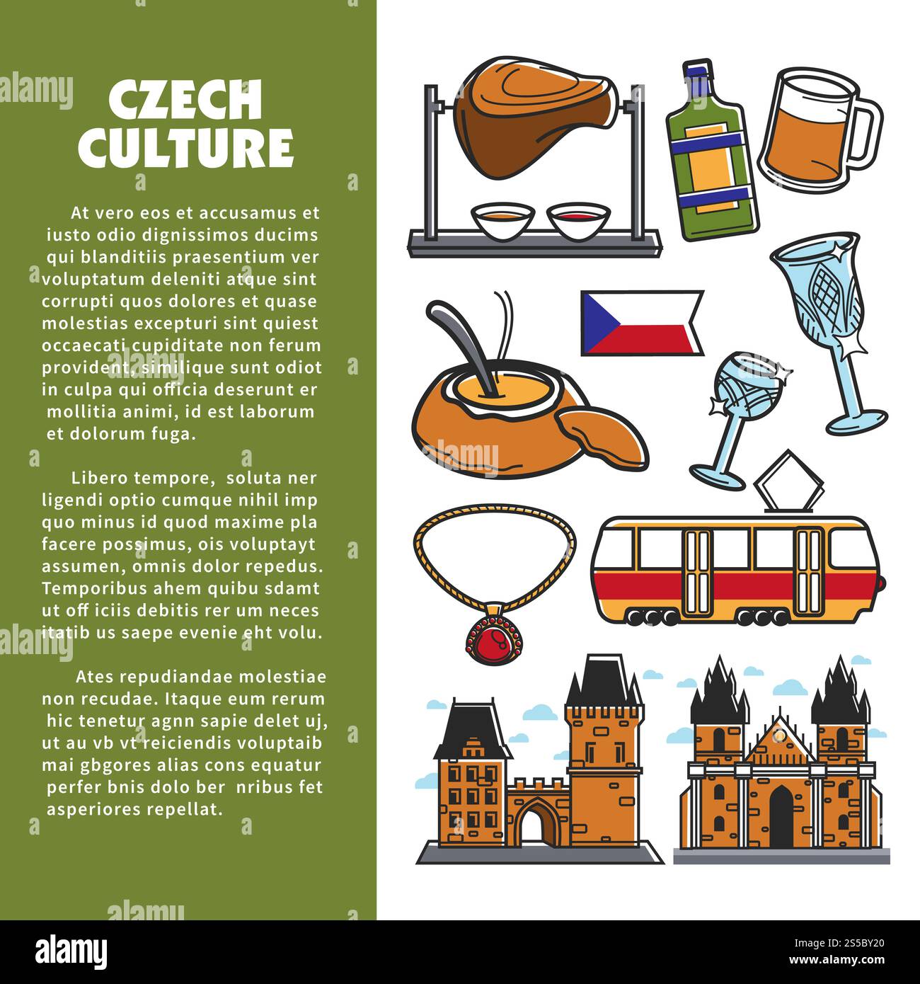 Symboles de la culture tchèque et affiche des monuments touristiques de Prague pour le tourisme ou les visites touristiques célèbres. Vecteur drapeau tchèque, cuisine traditionnelle et boissons, tram de Prague ou château au pont du Roi Charles. Symboles de la culture tchèque et repères vectoriels de Prague Illustration de Vecteur