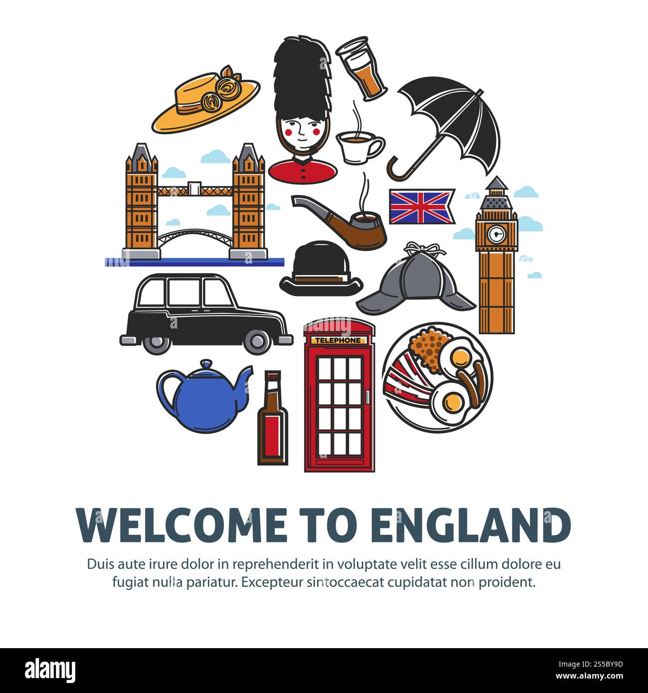 Bienvenue en Angleterre bannière promotionnelle avec des symboles nationaux. Monuments architecturaux, petit déjeuner anglais, théière bleue, cabine noire et cabine téléphonique isolé dessin animé plat illustrations vectorielles.. Bienvenue en Angleterre bannière promo avec des symboles nationaux Illustration de Vecteur