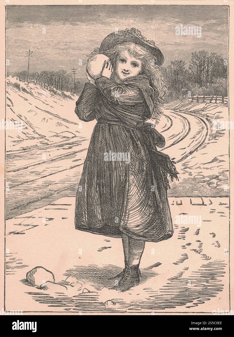 L'illustration antique en noir et blanc montre une fille tient une boule de neige. Le dessin vintage montre la fille mignonne tient la boule de neige en hiver. Ancienne image Banque D'Images