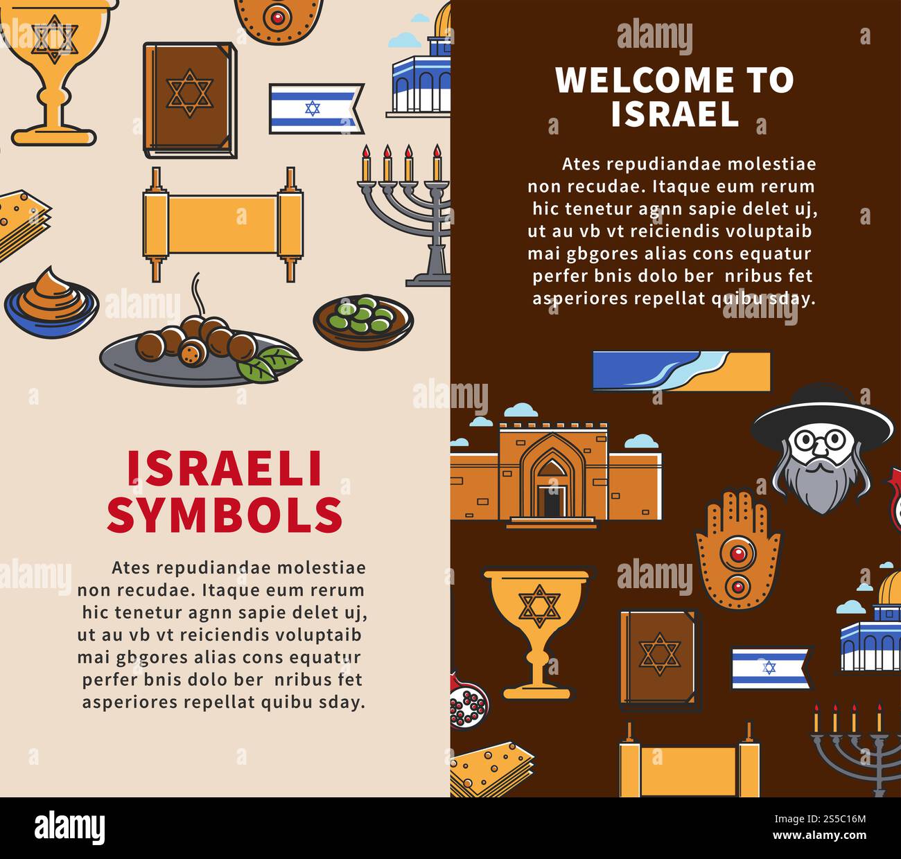 Symboles nationaux israéliens sur les brochures promotionnelles verticales. Attributs de religion juive, nourriture casher et attractions architecturales illustrations vectorielles de dessins animés sur des livrets commerciaux avec des exemples de texte.. Symboles nationaux israéliens sur les brochures promotionnelles verticales Illustration de Vecteur
