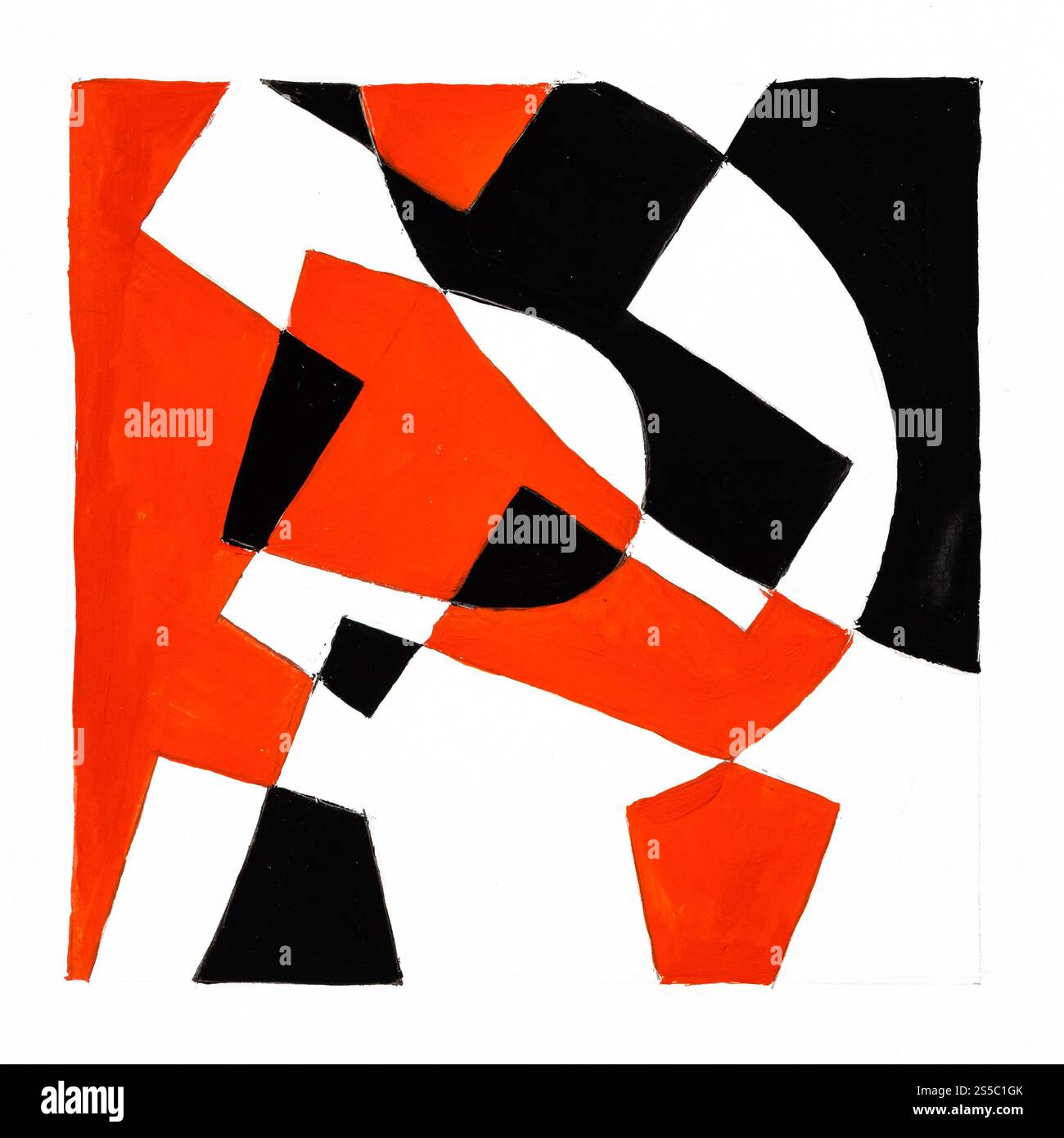 Composition géométrique abstraite avec la lettre R dessinée à la main avec de la peinture rouge et noire sur papier blanc Banque D'Images