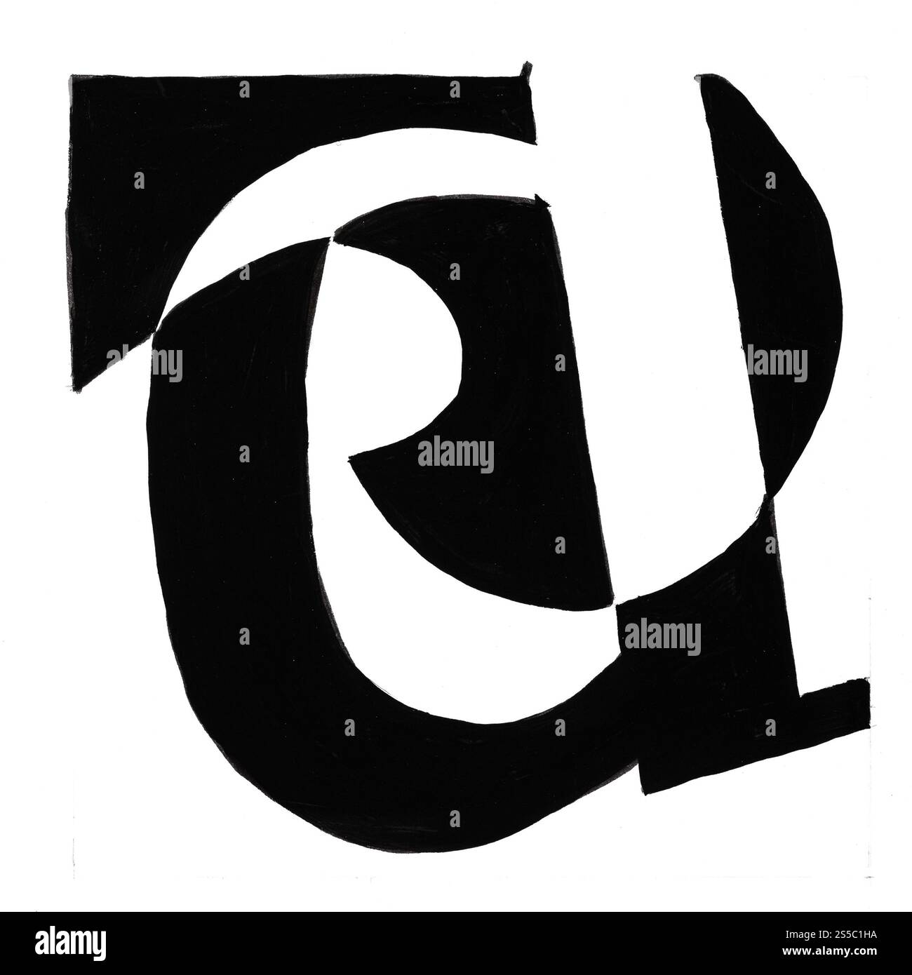 composition géométrique abstraite en noir et blanc avec lettre d dessinée à la main avec peinture noire sur papier blanc Banque D'Images