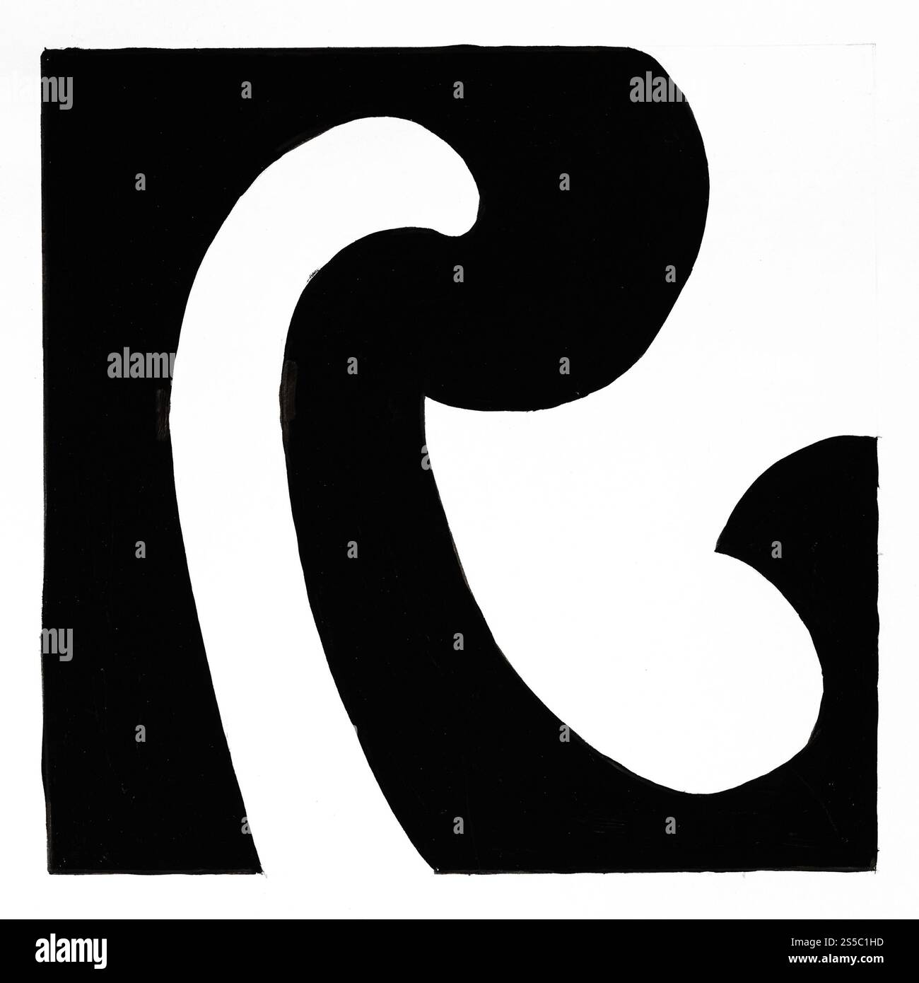 composition graphique abstraite en noir et blanc avec motifs courbes dessinés à la main avec de la peinture noire sur papier blanc Banque D'Images