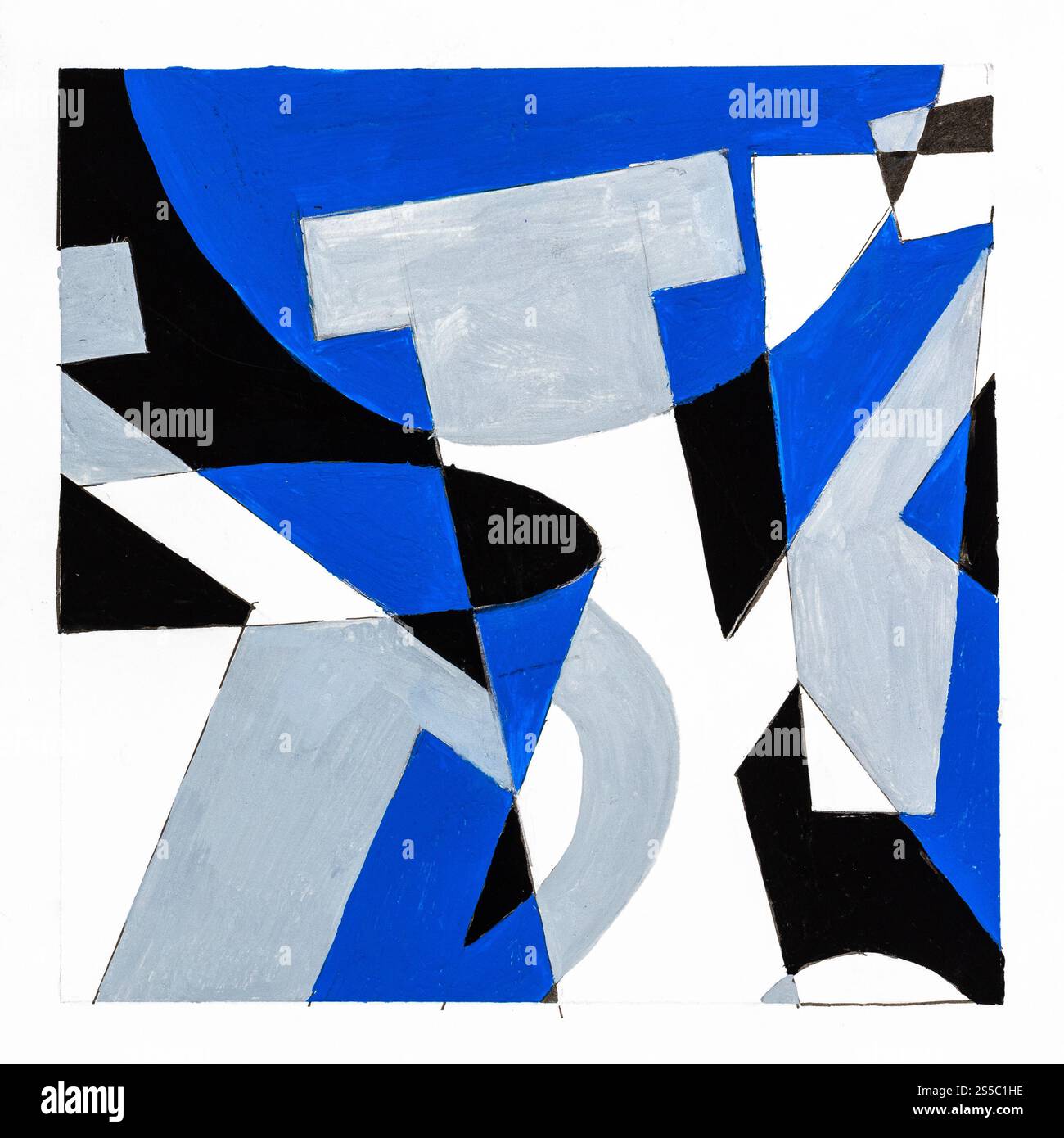 Composition graphique abstraite avec lettre K et coupe dessinées à la main avec des peintures brunes, grises et noires sur papier blanc Banque D'Images