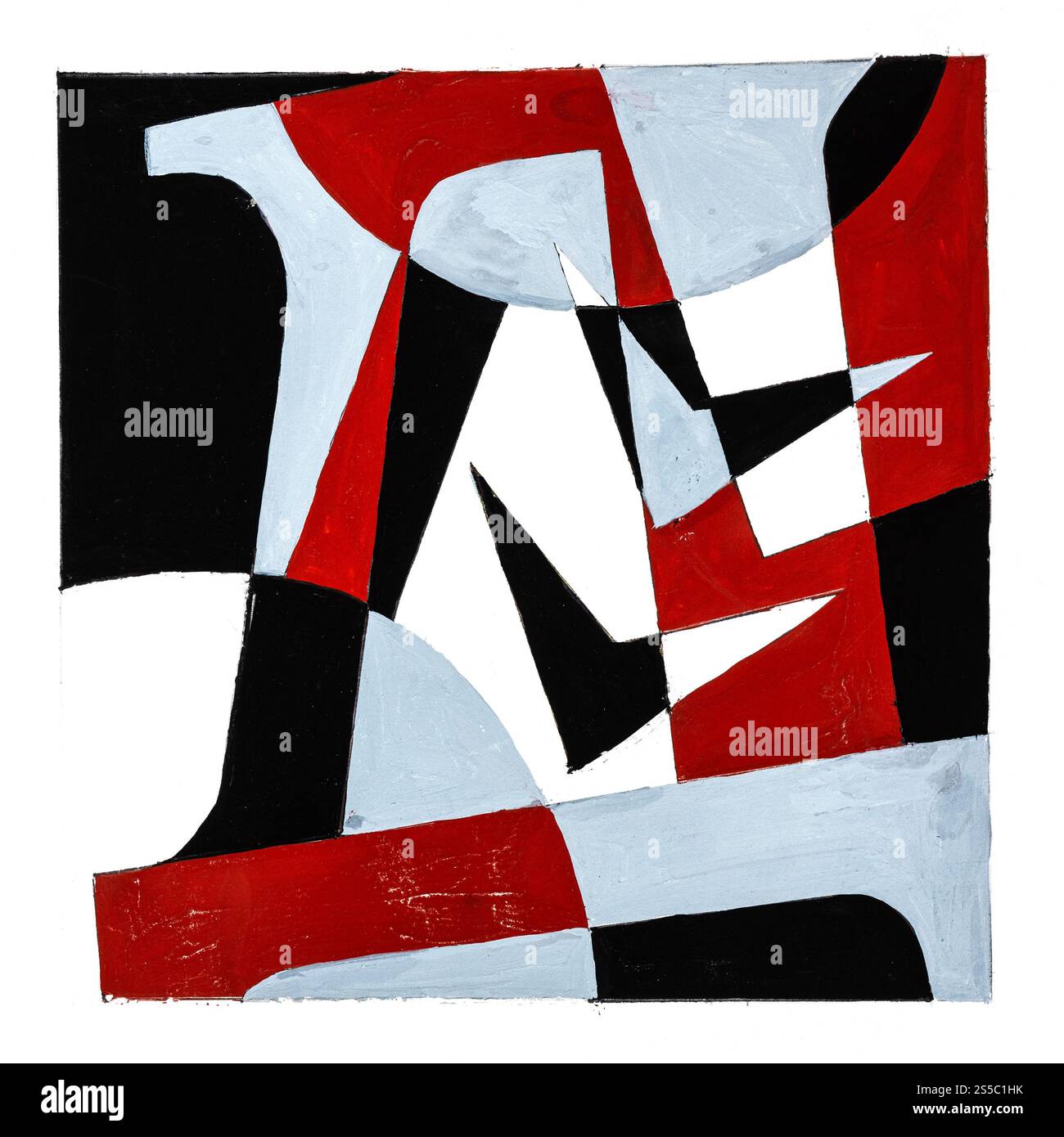 composition graphique abstraite avec lettre et symboles dessinés à la main avec des peintures brunes, grises et noires sur papier blanc Banque D'Images