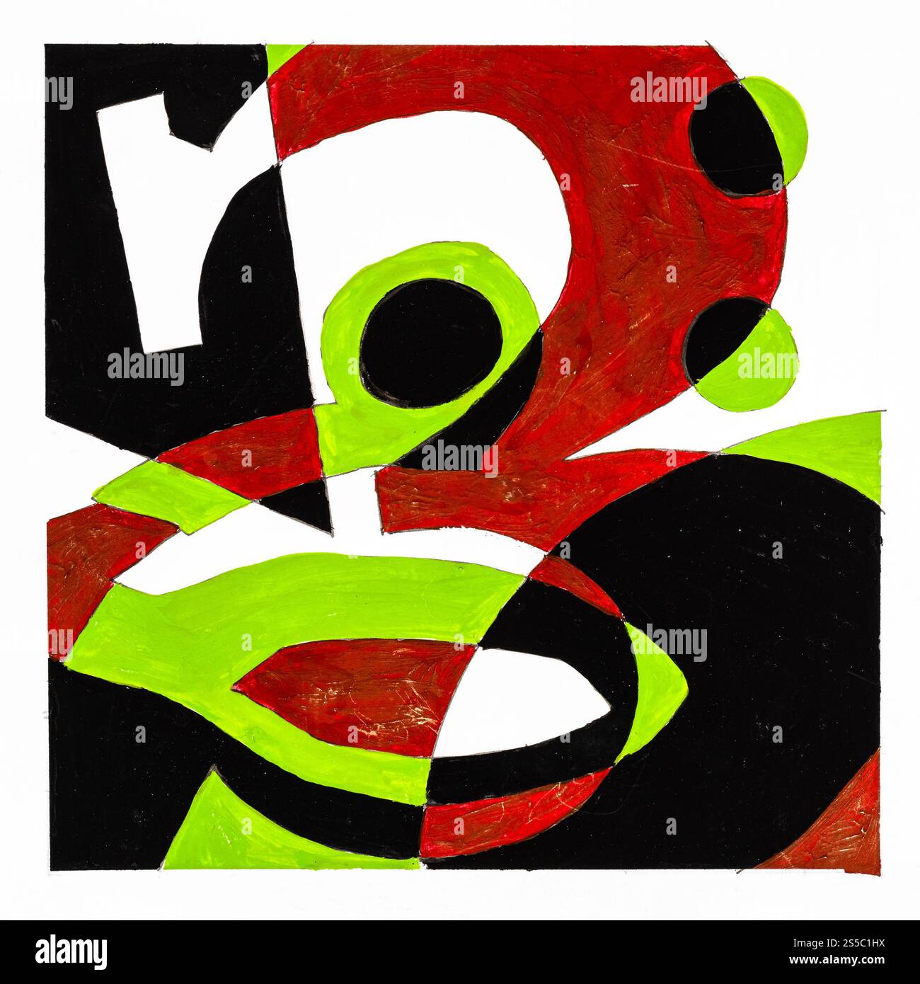 composition graphique abstraite avec chiffres et lettres dessinés à la main avec des peintures brunes, grises et noires sur papier blanc Banque D'Images