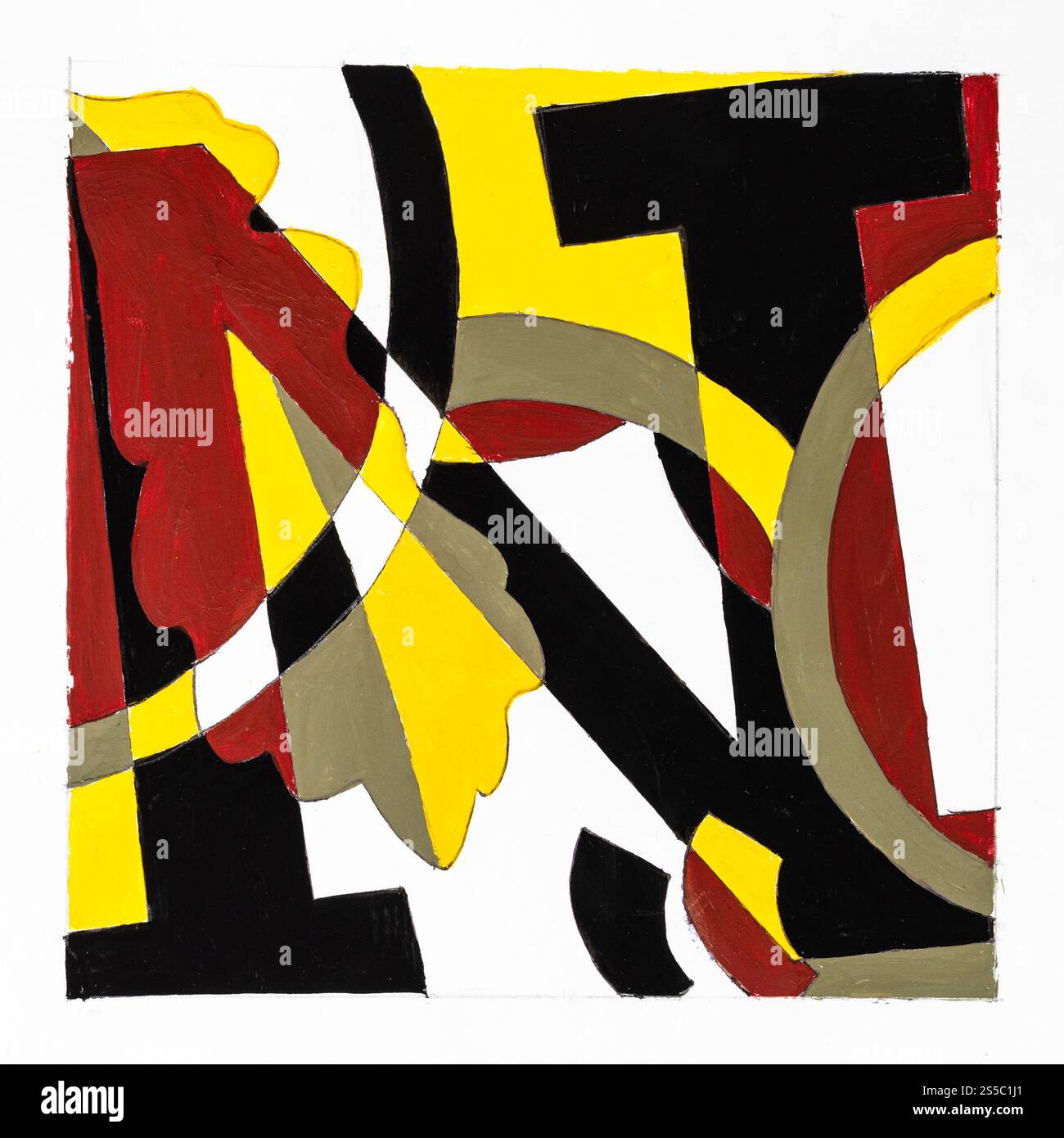 Composition graphique abstraite avec lettre N et feuille de chêne dessinées à la main avec des peintures brunes, grises et noires sur papier blanc Banque D'Images