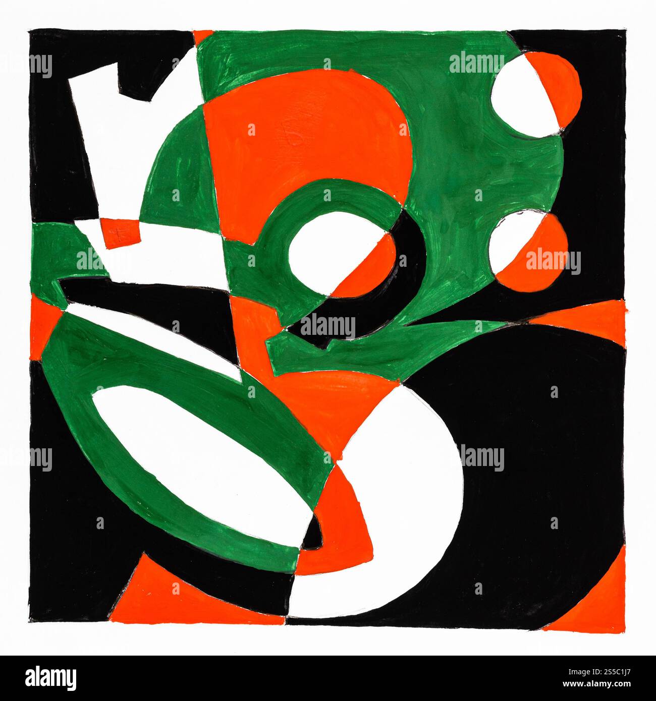 composition graphique abstraite avec manche en forme de chiffres et de ciseaux dessiné à la main avec des peintures brunes, grises et noires sur papier blanc Banque D'Images