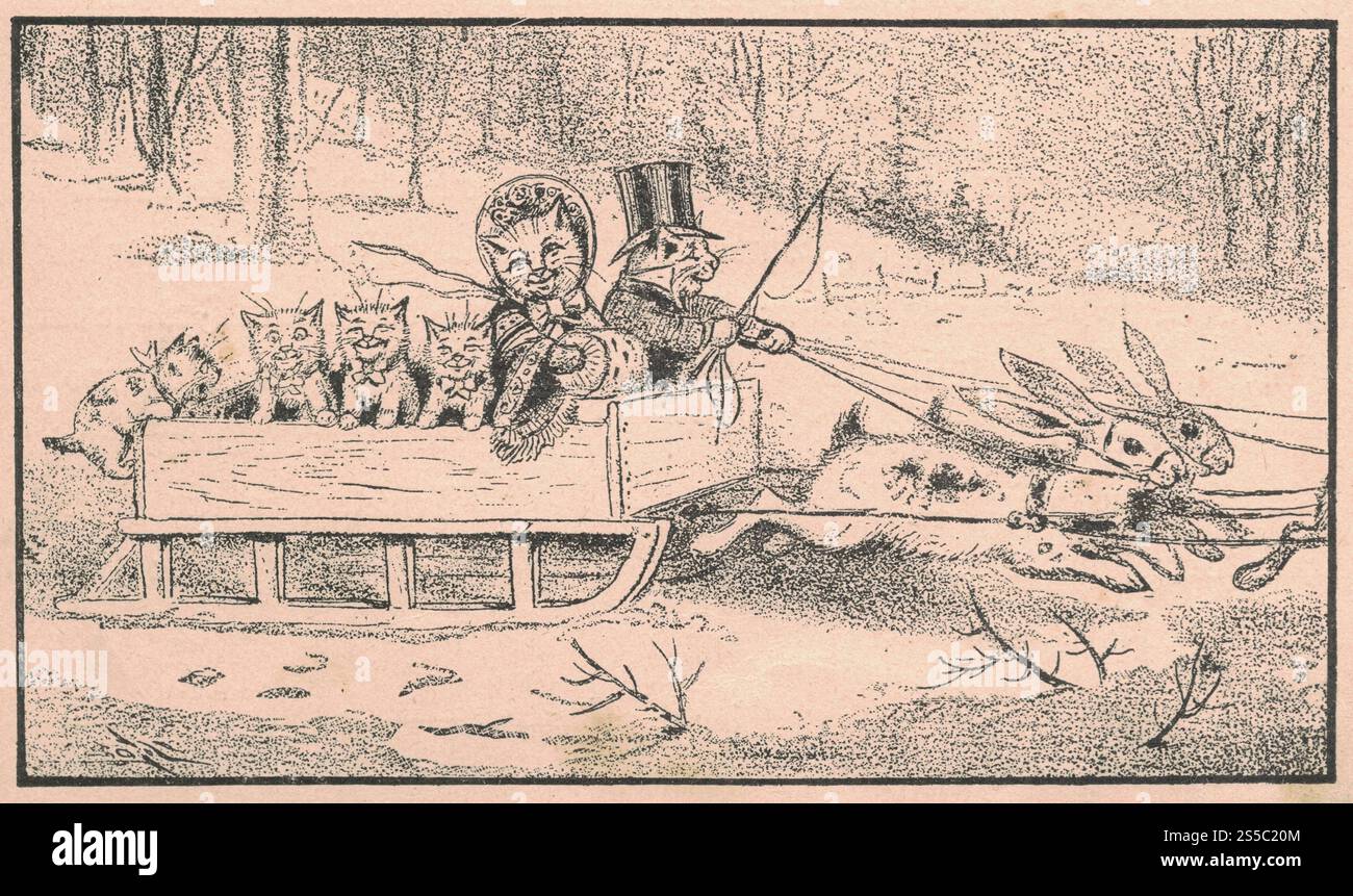Illustration antique en noir et blanc montre une famille de chats assis sur un traîneau qui est tiré par les lièvres. Dessin vintage montre la famille de chat assis sur un Banque D'Images