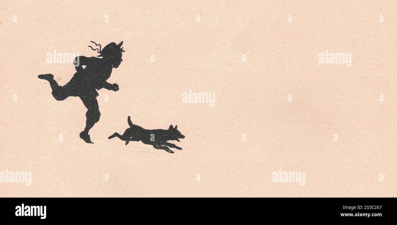 Illustration antique en noir et blanc montrant un garçon et un chien. Illustration vintage montre la silhouette du garçon et du chien. Vieille image de conte de fées Banque D'Images