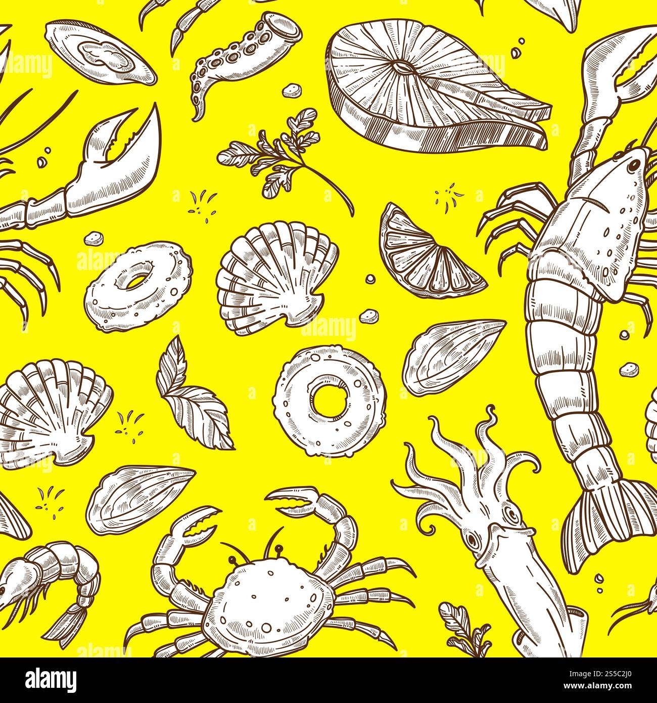 Fruits de mer avec verdure et croquis de citron sur jaune dans un motif sans couture. Homard énorme, morceau juteux de saumon, petits crustacés, crabe d'océan, calmars exotique et crevettes royales illustrations vectorielles .. Fruits de mer avec verdure et croquis de citron sur le motif intérieur jaune Illustration de Vecteur