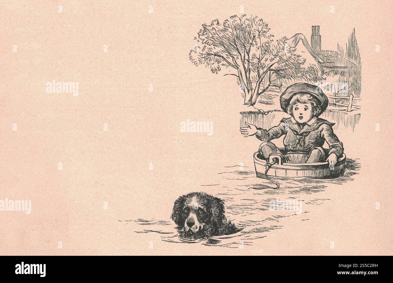 L'illustration antique en noir et blanc montre un garçon et un chien naviguent dans la rivière. Illustration vintage montre le garçon garçon assis dans le baril et navigue dedans Banque D'Images