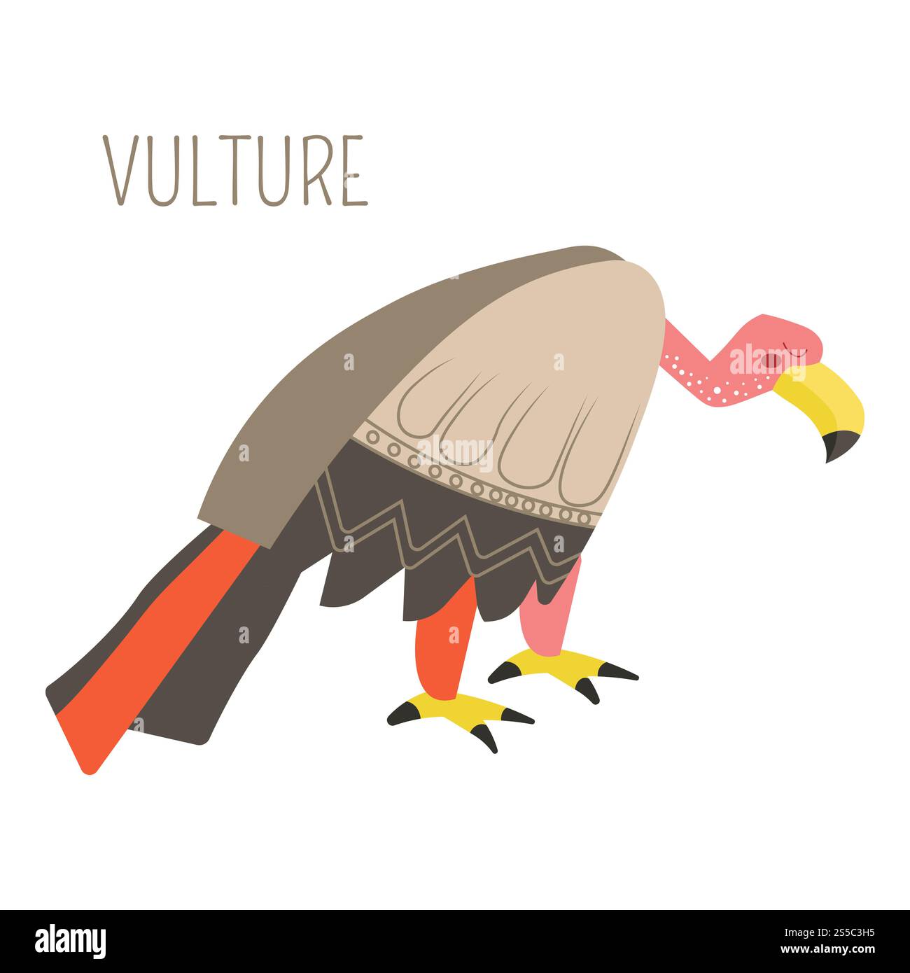 Vautours énorme oiseau dessin animé personnage de livre enfantin. Prédateur sauvage avec des ailes qui vit dans le désert. Animal avec des plumes pour conte de fées et histoires ou encyclopédie pour enfants illustration vectorielle isolée .. Personnage de livre shildish de dessin animé d'oiseau vautours énorme Illustration de Vecteur