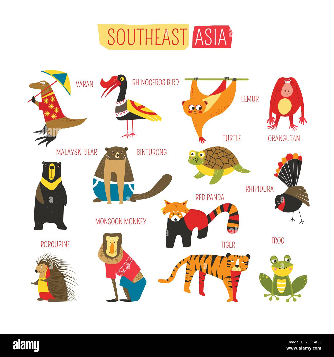 Dessins animés animaux et oiseaux d'Asie du Sud-est pour la conception d'enfants. Vecteur drôle zoo de varan, oiseau rhinocéros ou lémurien et orang-outan, ours de soleil ou tortue et panda dans les vêtements. Conception de dessin animé vectoriel d'animaux d'Asie du Sud-est Illustration de Vecteur