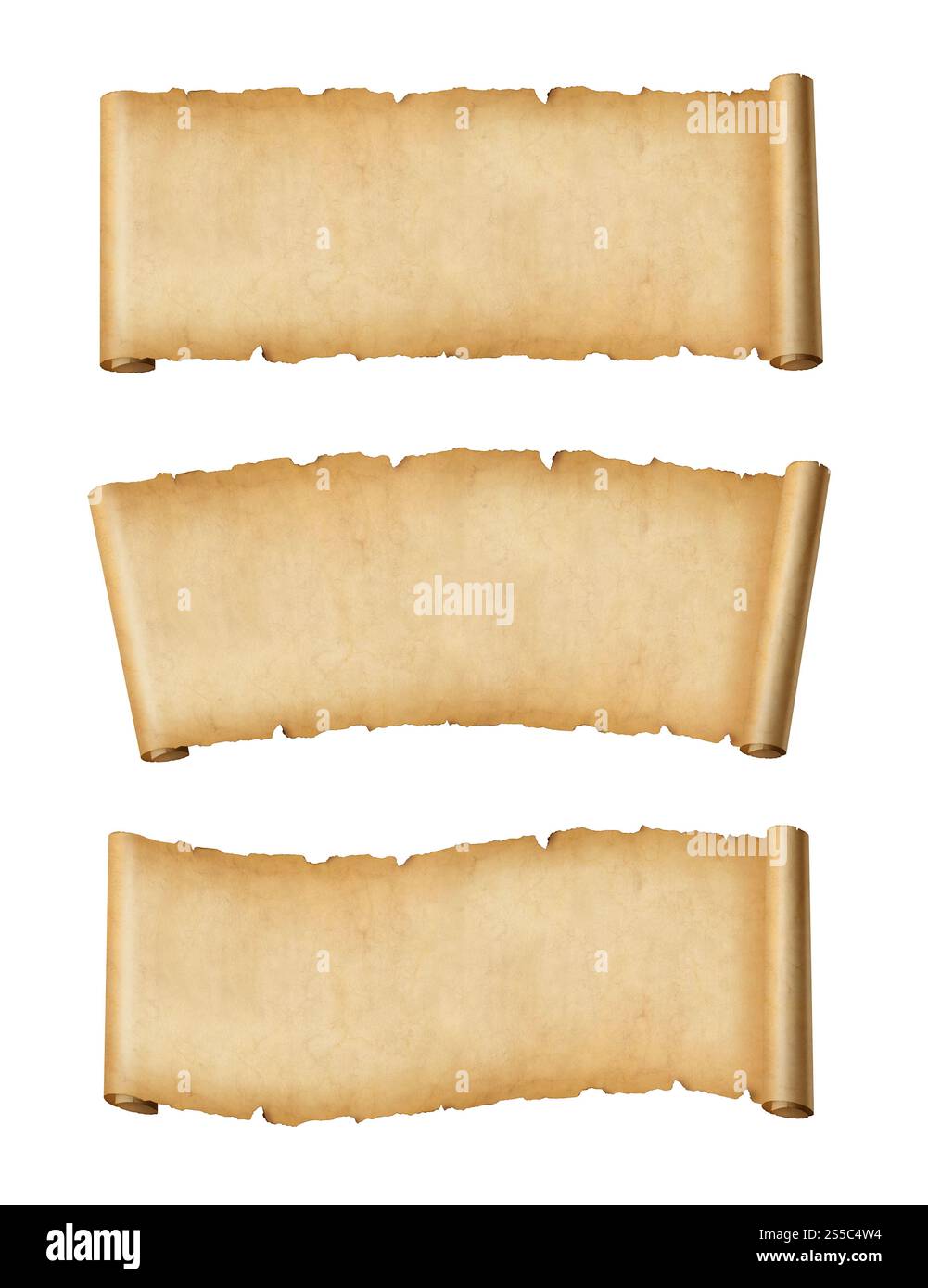 Vieux rouleau de papier parchemin isolé sur blanc. Jeu de bannières horizontales. Ancien rouleau de papier parchemin isolé sur blanc. Bannières horizontales Banque D'Images