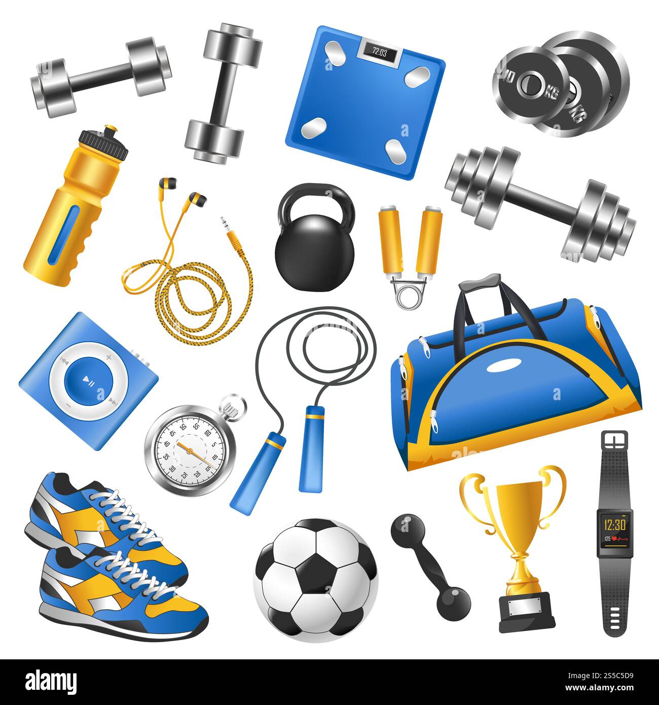 EQUIPEMENT de sport pour ensemble D'ENTRAINEMENT. Haltères lourds, football en cuir, montre intelligente, lecteur de musique moderne, balances électroniques, baskets élégantes, minuteur compact, tasse en or et illustrations vectorielles de sac géant. EQUIPEMENT de sport pour set d'entraînement et coupe en or Illustration de Vecteur