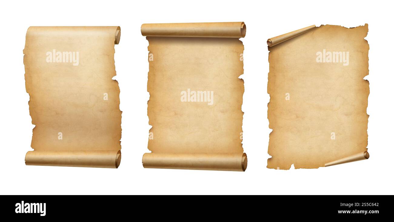 Vieux rouleau de papier parchemin isolé sur blanc. Jeu de bannières verticales. Ancien rouleau de papier parchemin isolé sur blanc. Bannières verticales Banque D'Images
