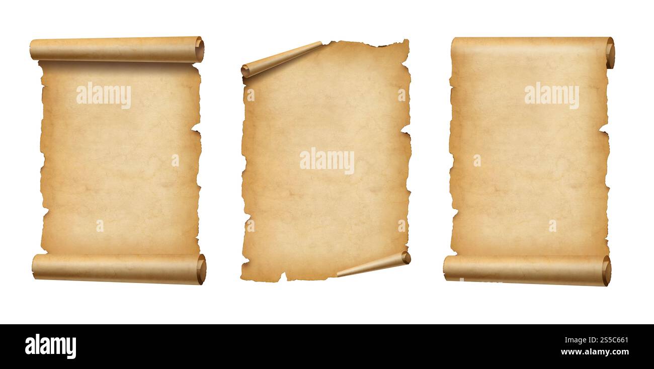 Vieux rouleau de papier parchemin isolé sur blanc. Jeu de bannières verticales. Ancien rouleau de papier parchemin isolé sur blanc. Bannières verticales Banque D'Images