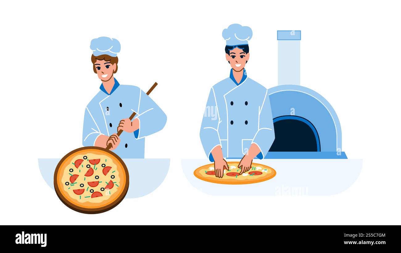 Les travailleurs de Pizzeria préparent Delicious Food Vector. Men on Pizzeria Restaurant cuisine cuisiner savoureux Pizza ensemble. Personnages que Guy chefs préparent Banque D'Images Les travailleurs de Pizzeria préparent Delicious Food Vector. Men on Pizzeria Restaurant cuisine cuisiner savoureux Pizza ensemble. Personnages que Guy chefs préparent Banque D'Images