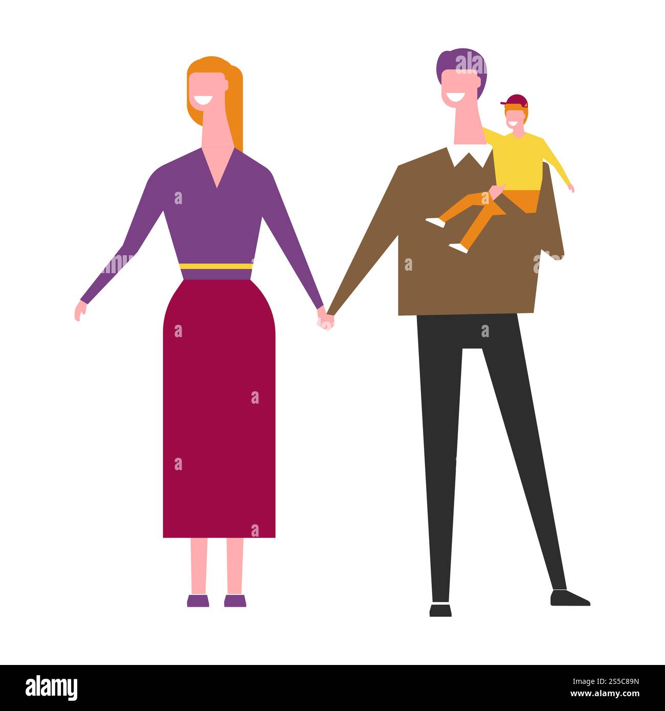 Mari et femme avec bébé garçon dans les mains personnages de dessins animés. Homme et femme avec enfant. Père en jamper à côté de la mère en jupe longue et enfant en pose pour photo de famille illustration vectorielle isolée.. Mari et femme avec bébé garçon dans les mains dessin animé Illustration de Vecteur