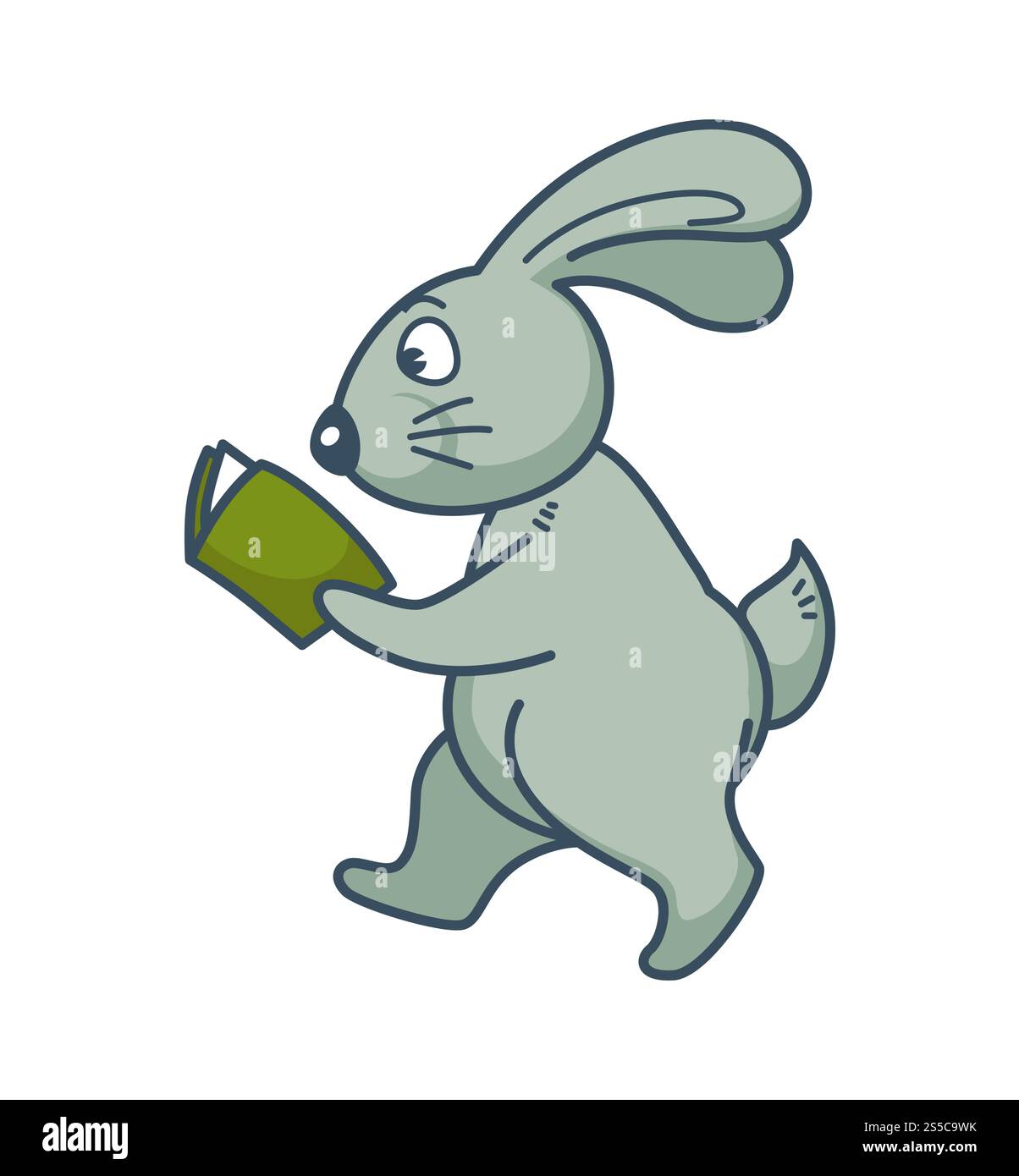 Lapin avec de longues oreilles se promène et lit le livre en couverture rigide verte. Animal forestier adorable avec de petites études de queue moelleuse et obtient une illustration vectorielle plate de dessin animé isolée plus intelligente sur fond blanc .. Lapin avec de longues oreilles marche et lit le livre Illustration de Vecteur