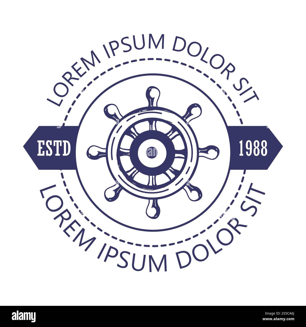 Logo de vecteur de barre de navire nautique du volant de marin ou de capitaine dans le croquis avec des rubans héraldiques bleu marin ou marine pour le club de yachting ou le sport de voile de marin. Icône de vecteur de barre de navire nautique Illustration de Vecteur