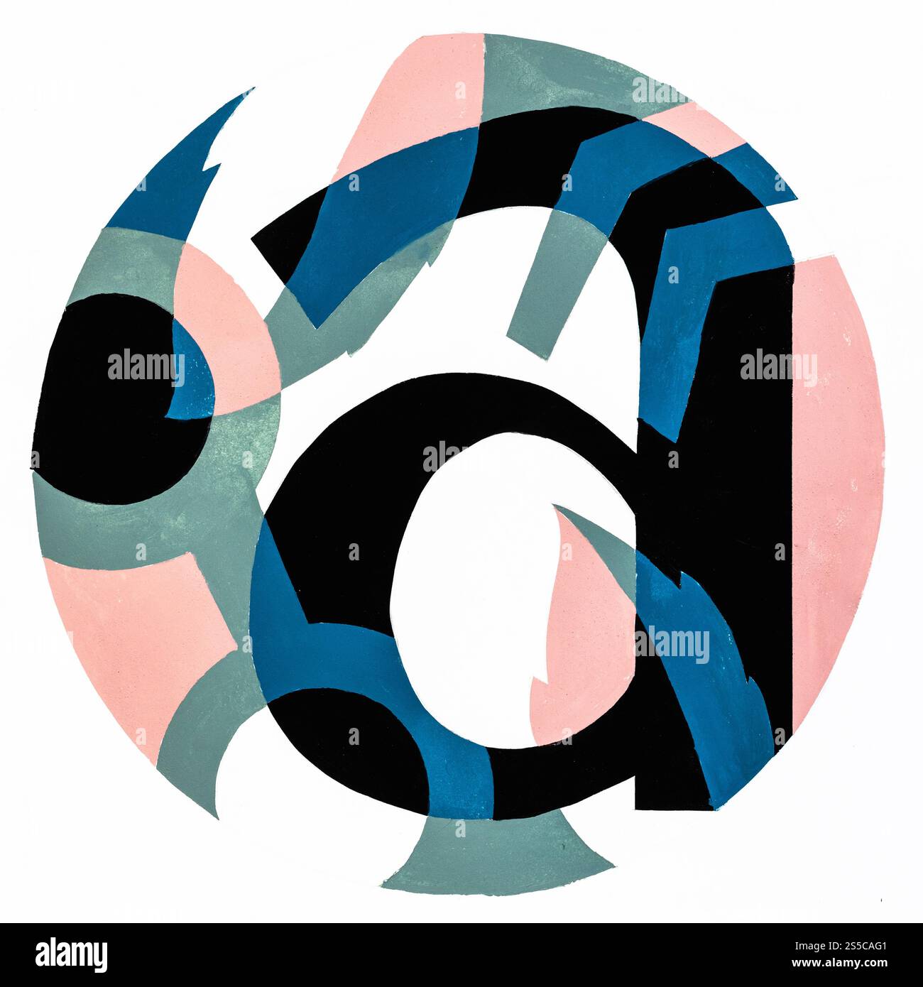 composition ronde abstraite avec lettre a, citations, feuilles d'arbre et lunettes peintes à la main avec des peintures de tempera bleu, vert, rose et noir sur papier blanc Banque D'Images