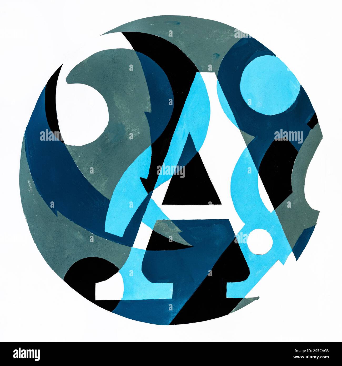 Composition ronde abstraite avec lettre A, feuille d'arbre et ciseaux peints à la main avec des peintures de tempera bleu, vert et noir sur papier blanc Banque D'Images