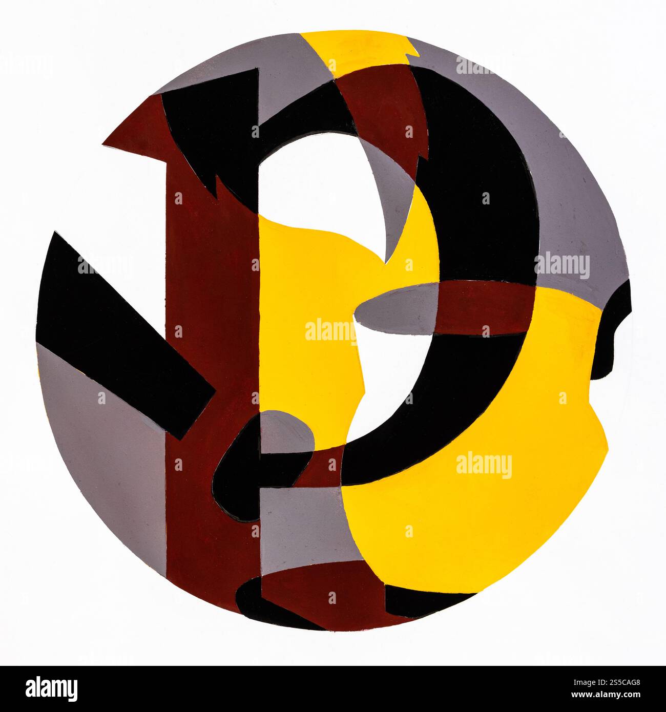 Composition ronde abstraite avec la lettre P , feuille d'arbre et carafe peinte à la main avec des peintures jaune, marron et noir sur papier blanc Banque D'Images