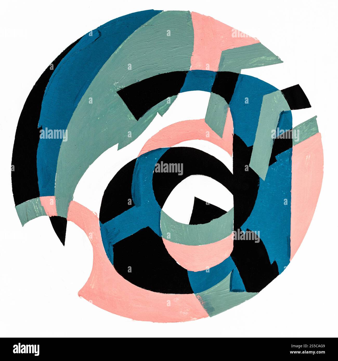 composition ronde abstraite avec lettre a, feuille d'arbre et citations peintes à la main avec des peintures de tempera bleu, vert, rose et noir sur papier blanc Banque D'Images