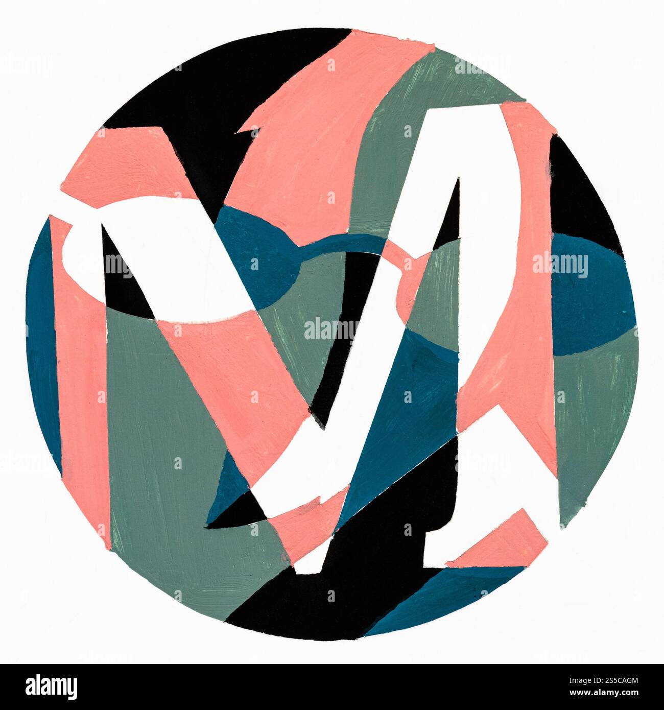 Composition ronde abstraite avec lettre M, feuille d'arbre et lunettes peintes à la main avec des peintures de tempera vertes, roses et noires sur papier blanc Banque D'Images