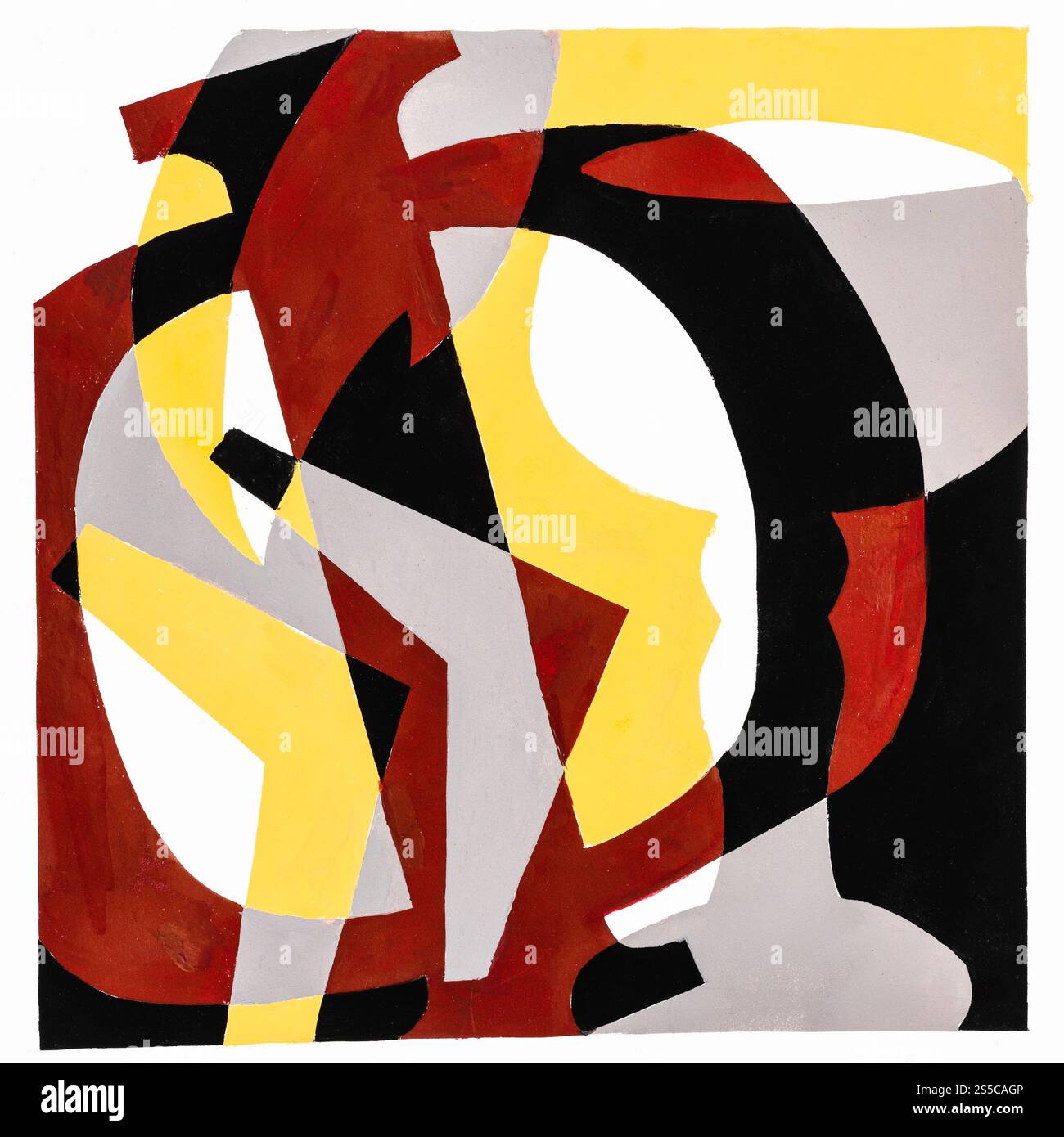 composition carrée abstraite avec lettre, citations et verre de vin peint à la main avec des peintures de tempera rouge, marron, jaune et noir sur papier blanc Banque D'Images