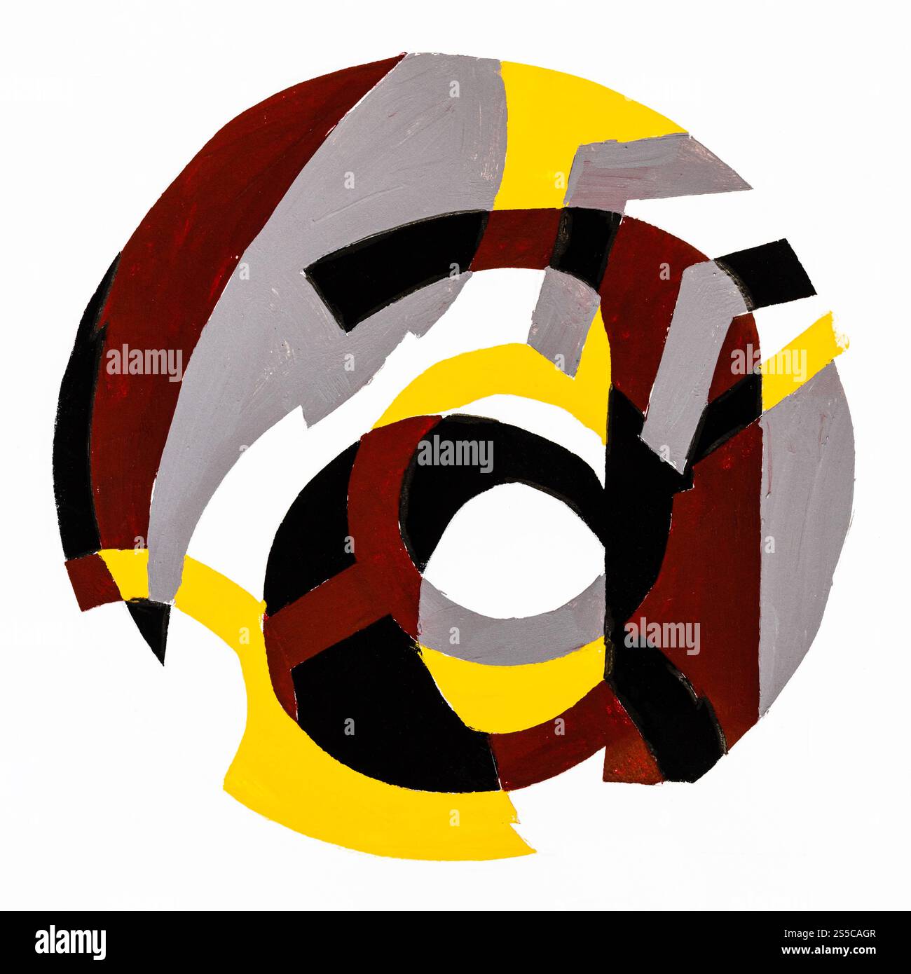 composition ronde abstraite avec lettre a, feuille d'arbre , lunettes et citations peintes à la main avec des peintures brunes, grises, jaunes et noires tempera sur blanc Banque D'Images