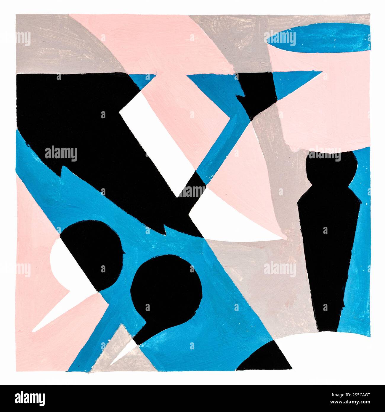 Composition carrée abstraite avec lettre X, feuille d'arbre, côlon et verre de vin peint à la main avec des peintures de tempera rose, bleu et noir sur papier blanc Banque D'Images