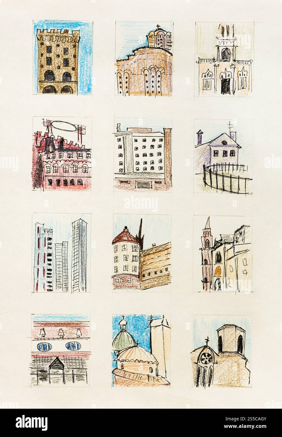 croquis de divers bâtiments de différentes villes européennes dessinés à la main avec des crayons de couleur et un stylo noir sur du papier jaune ancien Banque D'Images